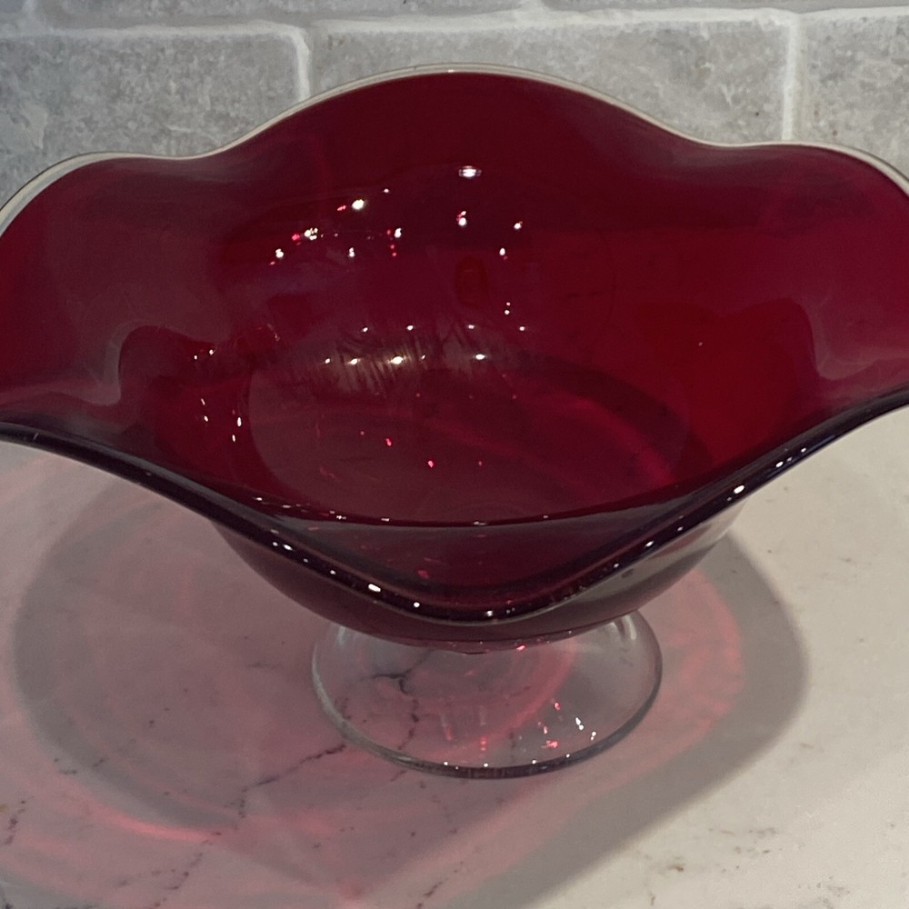 Vintage Ruby Red Clear Hand Blown Ruffled Glass Pedestal Bowl