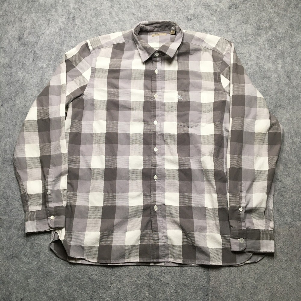 Burberry Brit Plaid Shirt Mens XXL Gray Button Down Logo White Long Sleeve