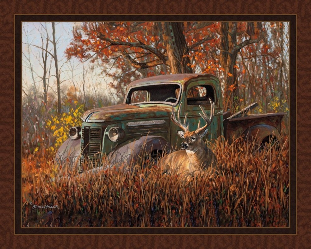 BUCK AND TRUCK In The Woods  Quilt Panel 36