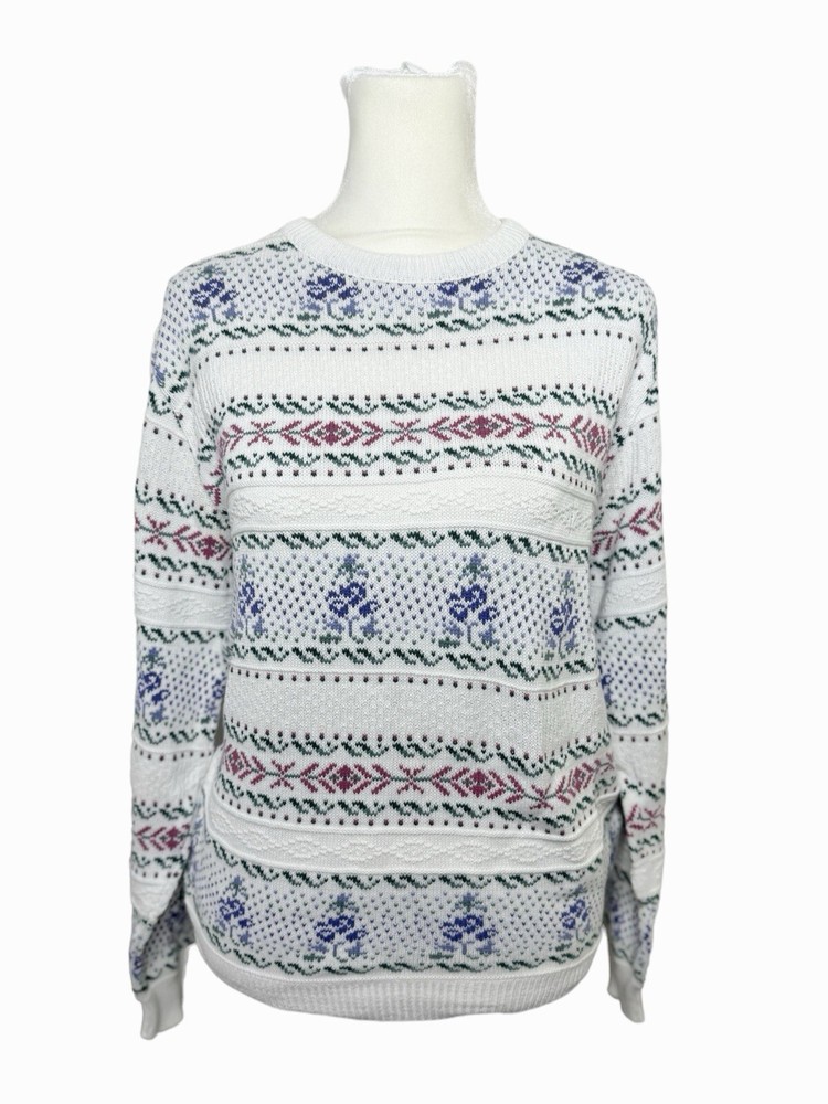 Vintage Amana Grandma-Knit Fair Isle Flower Sweater in Size S/M USA