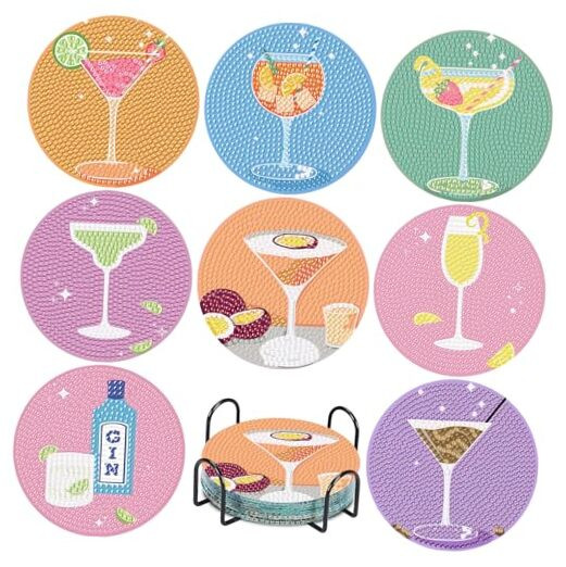 8Pcs DIY Diamond Painting Coasters with Holder for Cocktail Life Decor