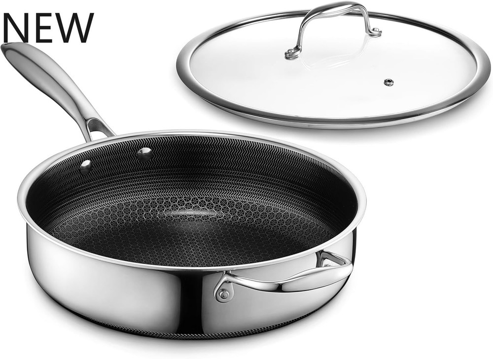 HexClad Hybrid Nonstick 3.3-Quart Deep Saute Pan with Tempered Glass Lid