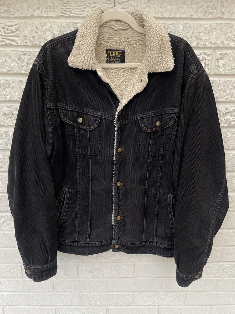 Vintage 70s Lee Sanforized Black Sherpa Corduroy Trucker Jacket Mens Large Union Made