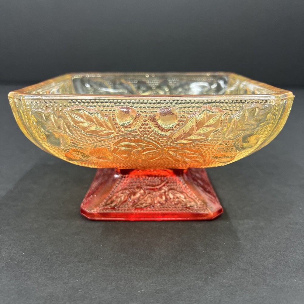 Amberina Glass Candy Jar with Pedestal Base and Stippled Acorn Design in Orange Red