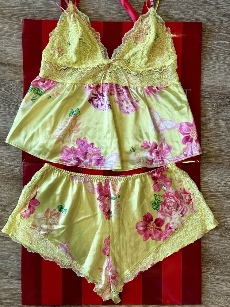 Victoria’s Secret Citron Floral Stretch Lace Satin Cami Set NWT M