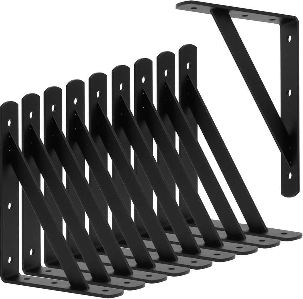 10-Pack 8x6 Heavy Duty Black Metal Shelf Brackets for Sturdy Shelving