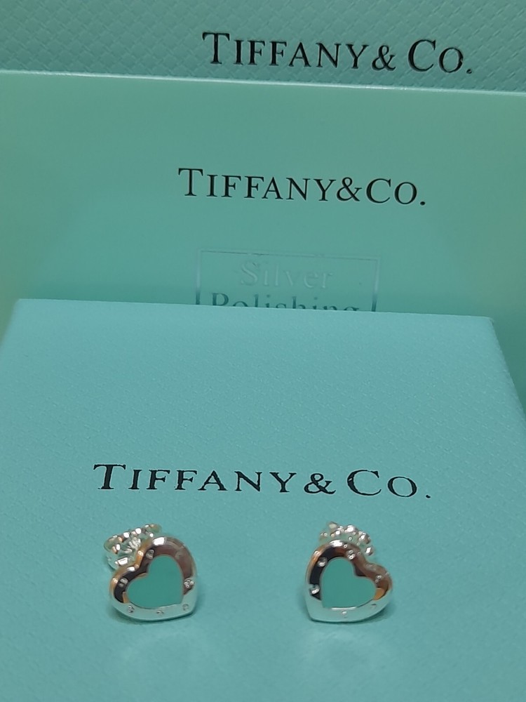 Tiffany&Co. 925 Return To Love Tiffany Blue Enamel Heart Tag Stud Earrings. New