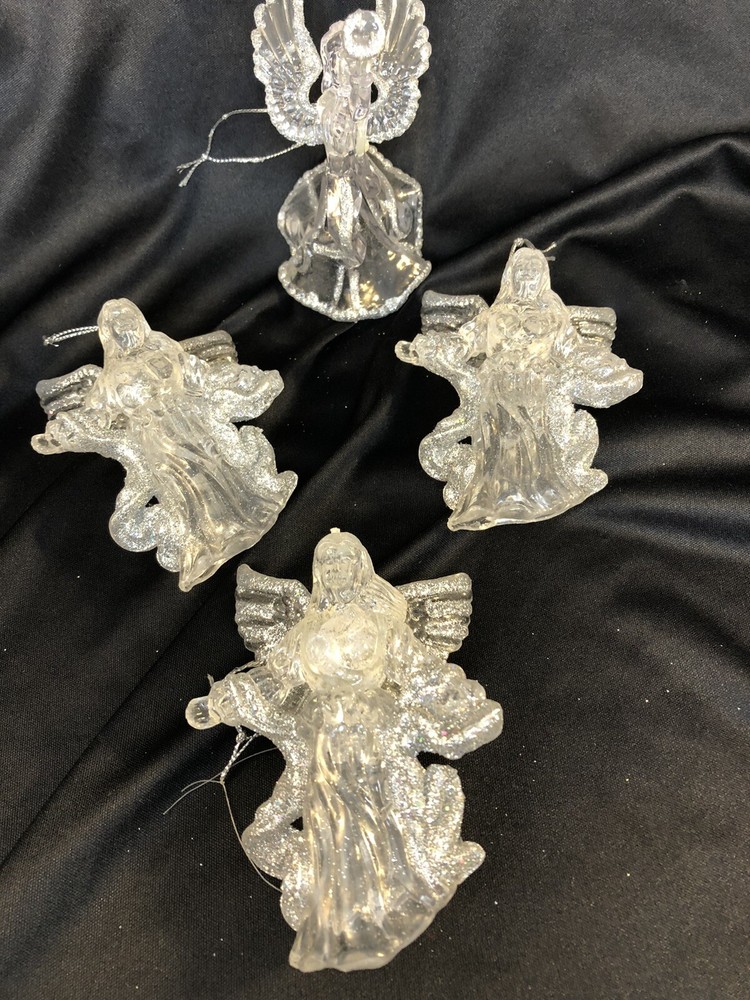 Set of 4 Clear Silver Winged Plastic / Acrylic Angel Christmas Ornaments 4
