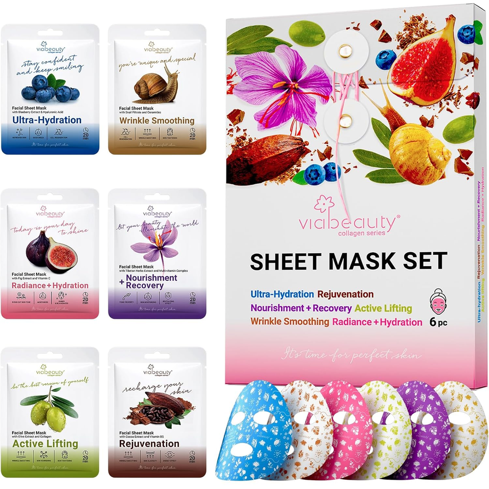 6 Pack of Sheet Face Masks Skincare - Collagen Face Mask Sheets with Hyaluronic