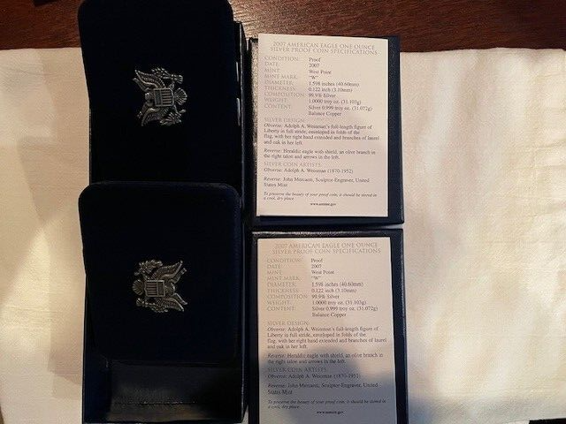 2007-W Proof American Silver Eagle Dollar $1 Box & COA US Mint Bullion OGP  x 2