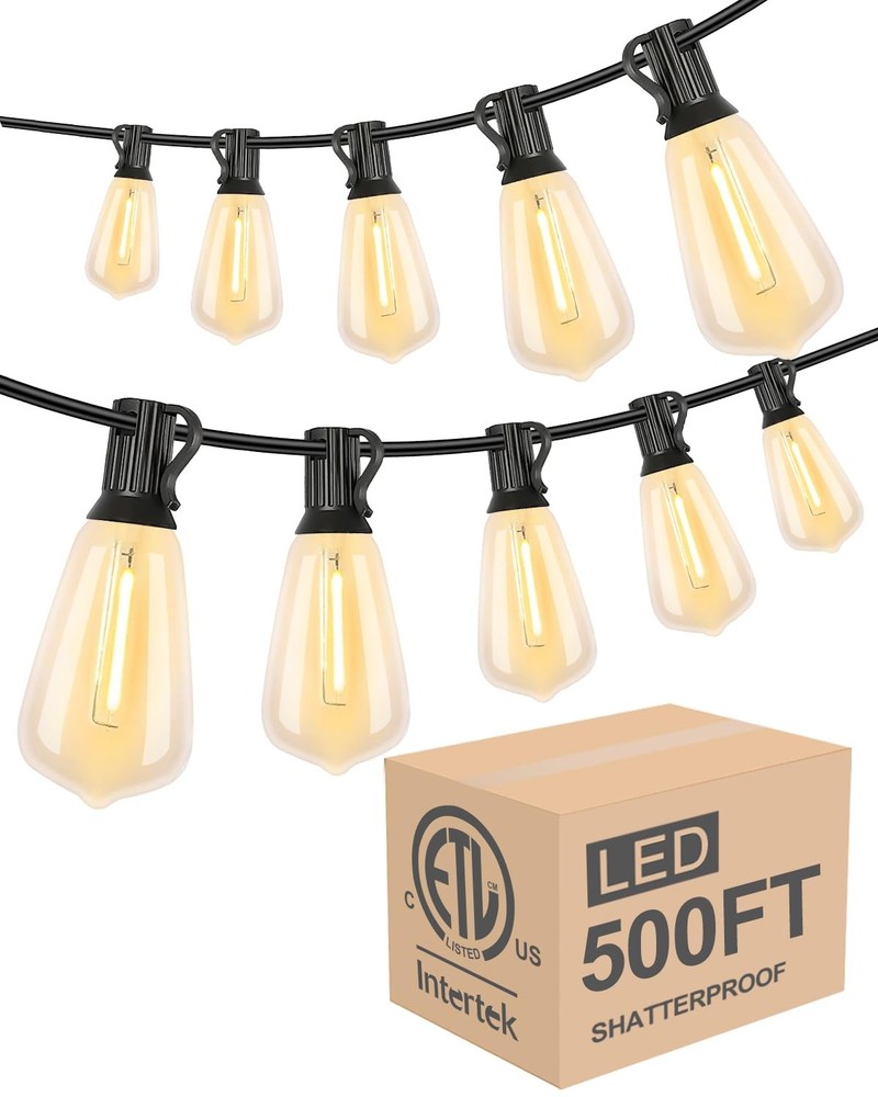 500FT Outdoor LED Bistro String Lights with Shatterproof ST38 Bulbs for Patio Garden