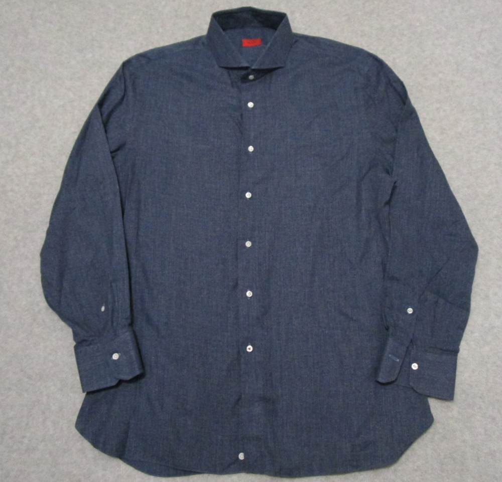 Isaia Napoli Shirt Mens 17 43 Blue Cotton Casual Dress Luxury Soft