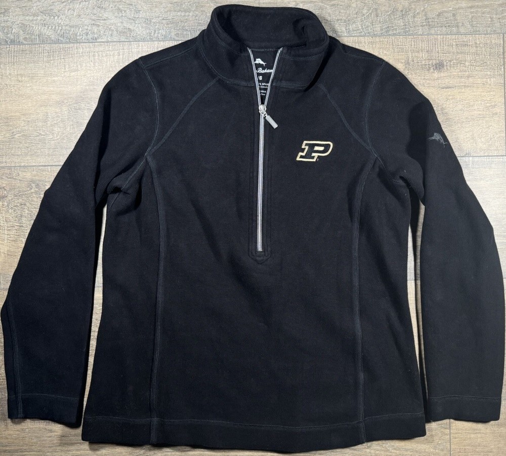 Tommy Bahama Sweater Women's L Cotton Blend 1/4 Zip Pullover Black Purdue Univ