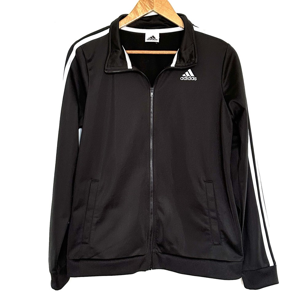 Adidas Jacket Women’s Large Black White Long Sleeve Full Zip Pockets
