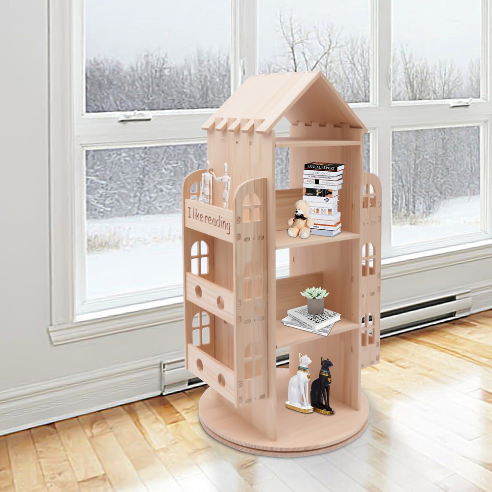 360 Rotating Bookshelf Bookcase Storage Shelf Freestanding Wooden Rack Stand US