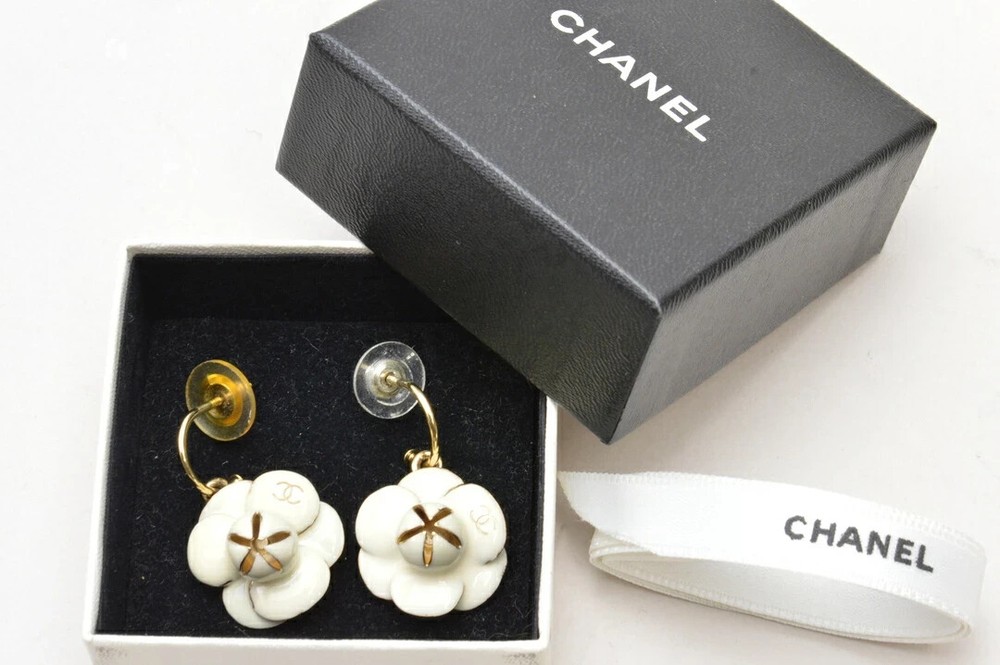 Chanel Camellia Hoop Earrings White Gold Coco Mark 02P with Box