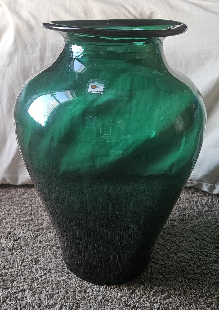Emerald Green Blenko Vase With Sticker Approx. 13