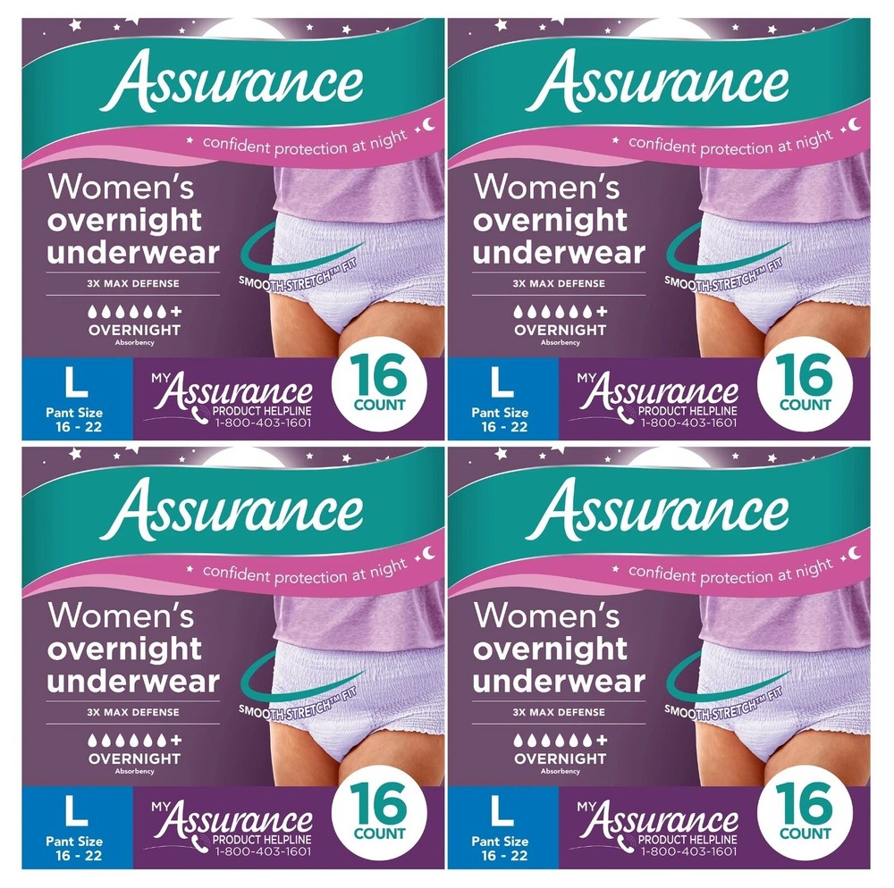 Assurance Women’s Overnight Incontinence Underwear, Size L (4x16 ct ), 64-Pack