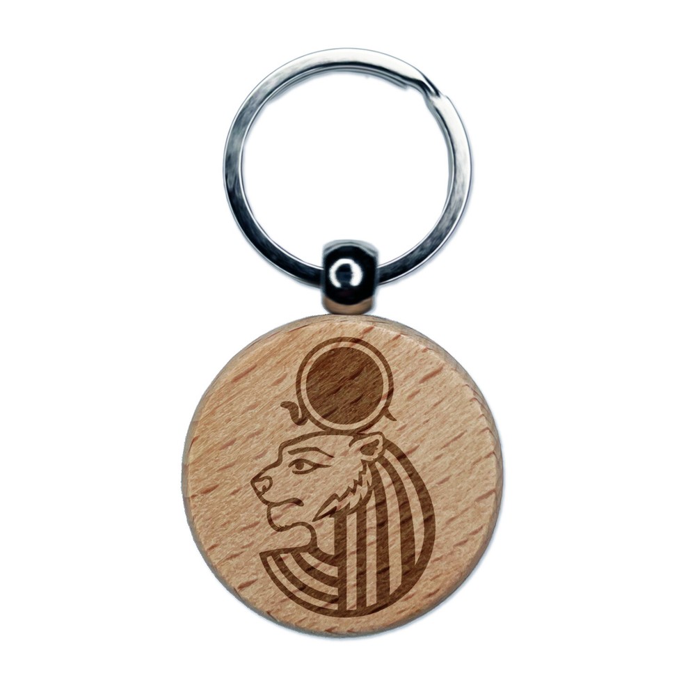 Sekhmet Head Egyptian Goddess of War Engraved Wood Round Keychain Tag Charm
