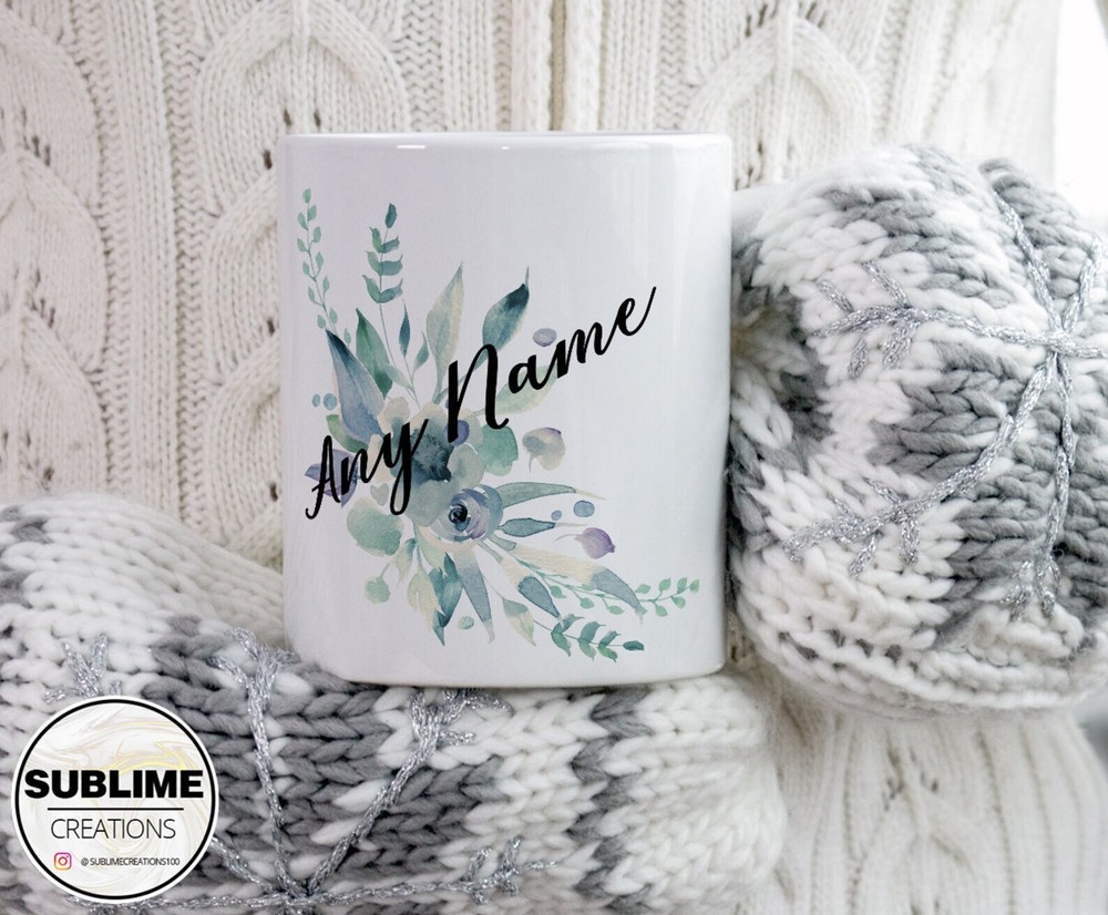 Taza ramo floral grande acuarela personalizada nombre personalizado café té caliente