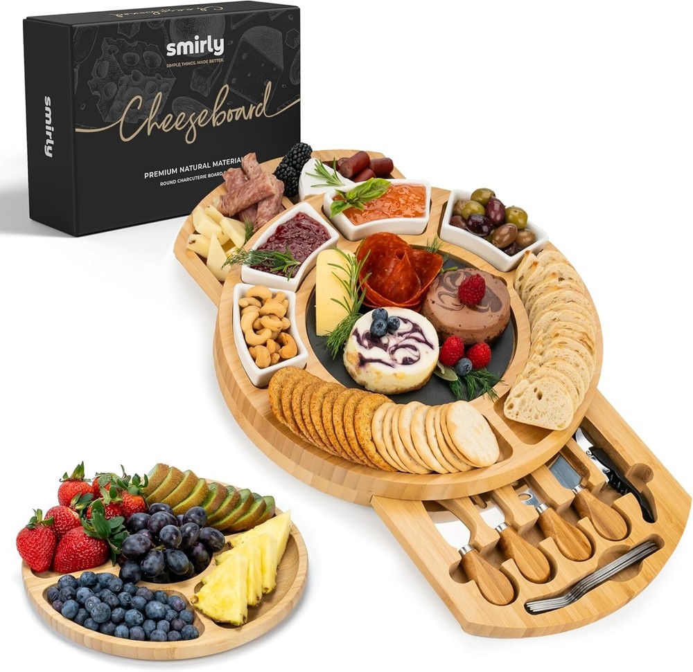 Premium Round Bamboo Cheese Board & Knife Set - Stylish Entertainment Essential