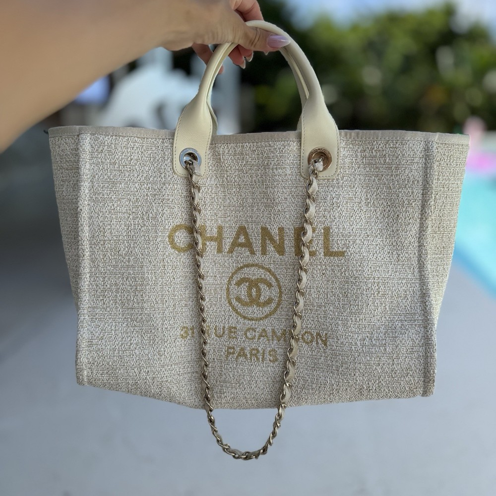 CHANEL Medium Deauville Tote in Cream Gold Lurex Leather