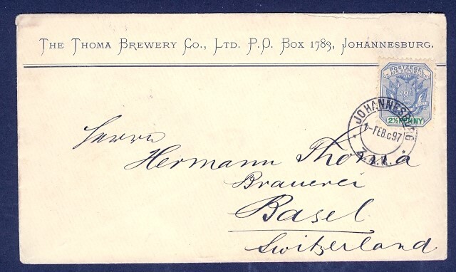 Transvaal 1897 Thoma Brewery cover to Switzerland rare postal history