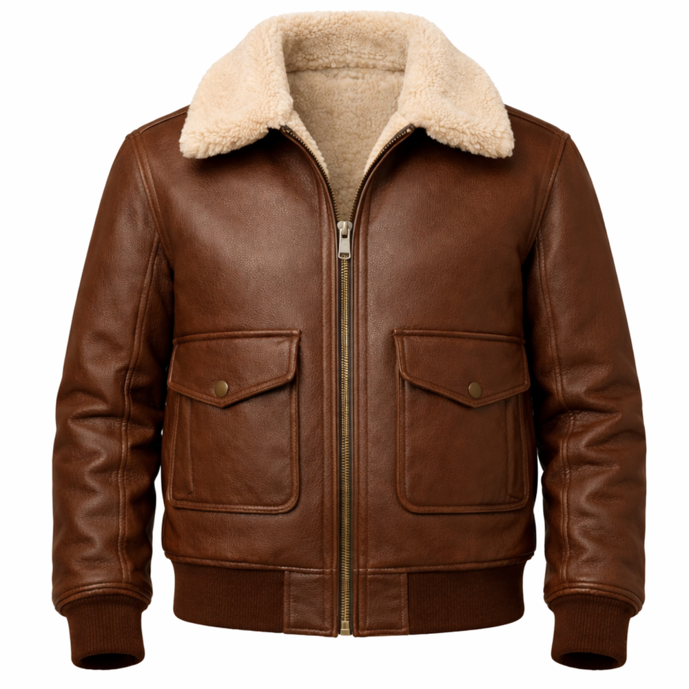 Men Brown Shearling Leather Jacket – Winter Aviator Bomber Style