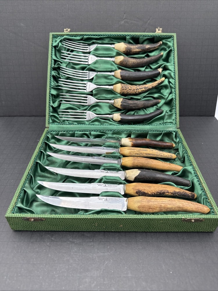 Solingen Steak Knife And Fork Antler Horn set With 6 Knives And 6 Forks And Box