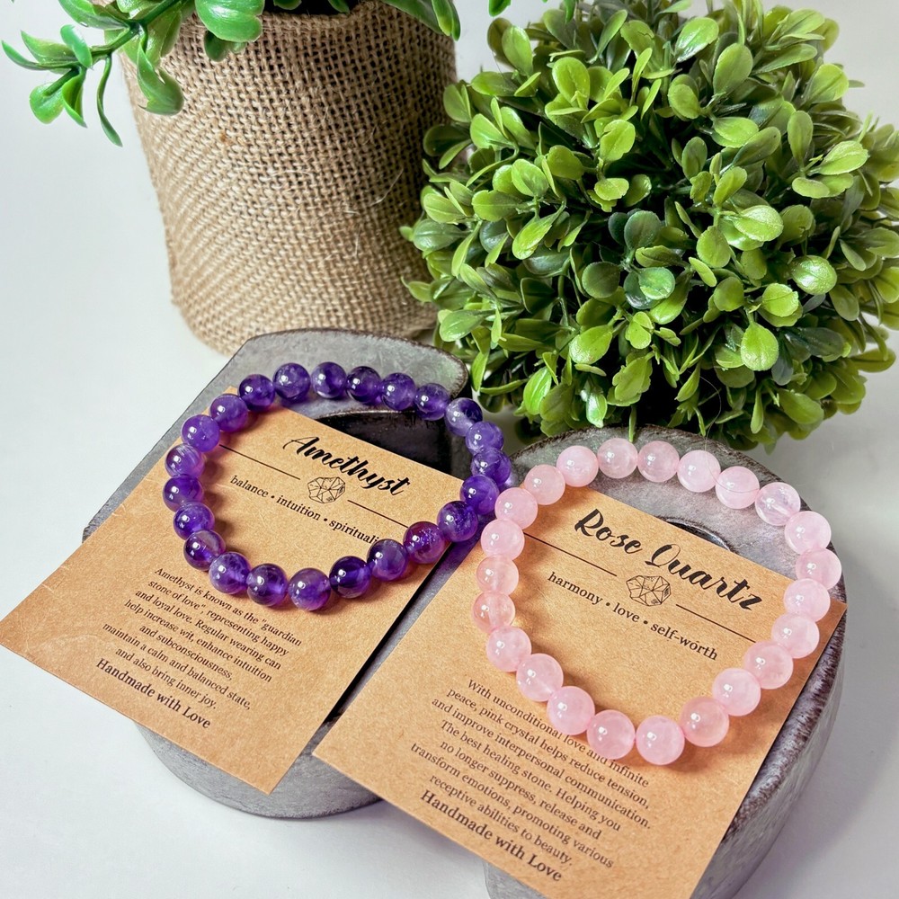 Amethyst & Rose Quartz Crystal Bracelet Set – Healing Gemstone Bundle For Love