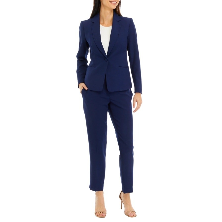 Le Suit Women Indigo Blue Crepe Classic One-Button Blazer Pantsuit Set Size US 4