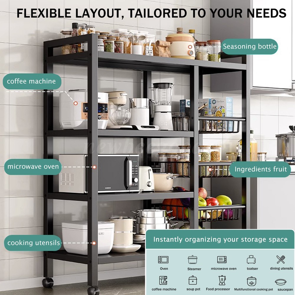Heavy Duty Storage Shelving Organizer Rack w/ Basket Rolling Kitchen Stand Steel