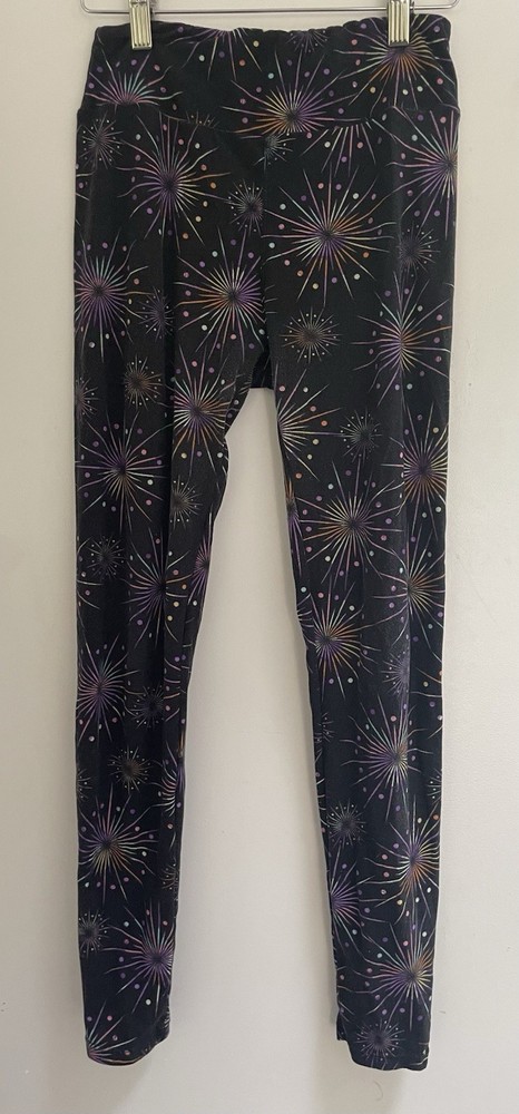 LuLaRoe Womens Fireworks Print Polyester Blend Full Length Leggings Black One Sz