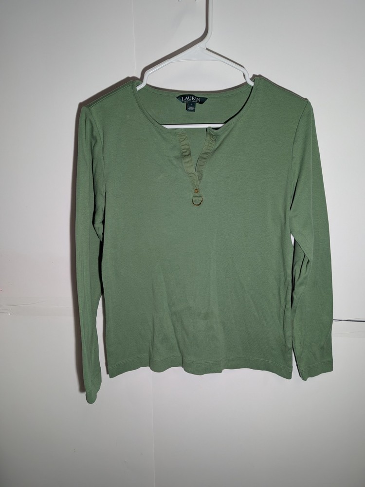 Lauren Ralph Lauren Women's Green Henley Button Long Sleeve 100% Cotton Blouse L