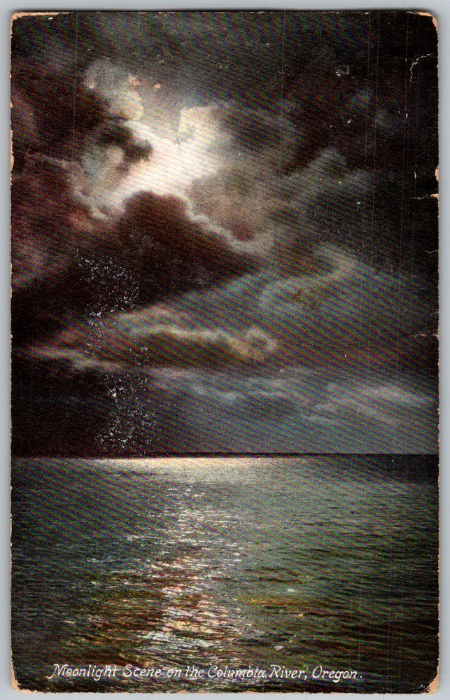 Antique Postcard Moonlight River Night Columbia River, Oregon 1900s