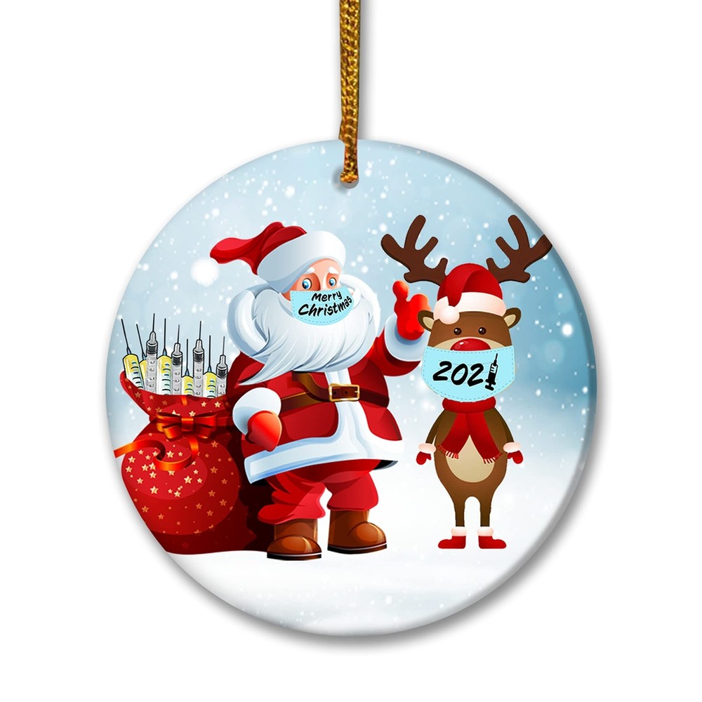 2021 Christmas Ornament Featuring Vaccinated Santa Claus and Reindeer Pandemic Holiday Decor