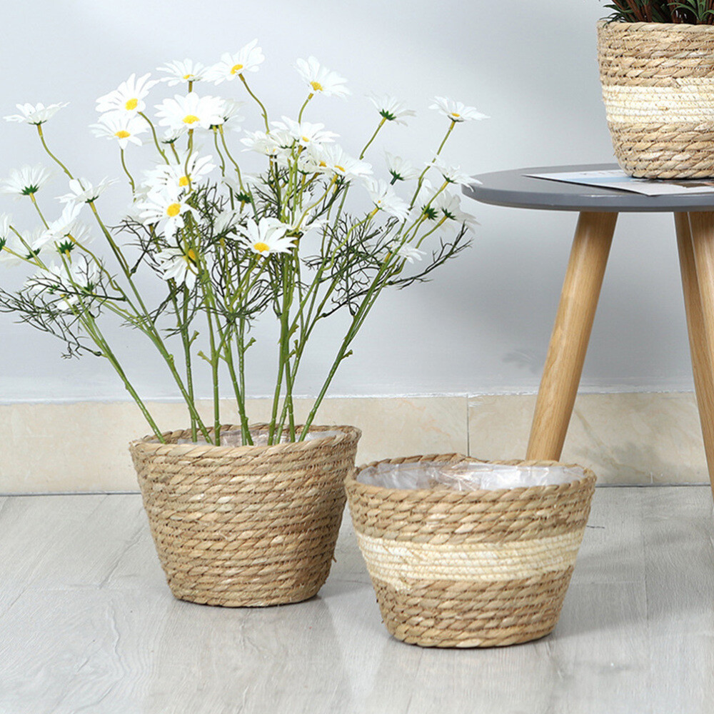 Woven Seagrass Basket Rattan Plant Basket Vintage Garden Bucket