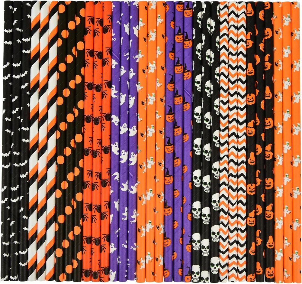 100 Counts Halloween Paper Straws, 10 Styles Black White Orange Purple Biodegrad