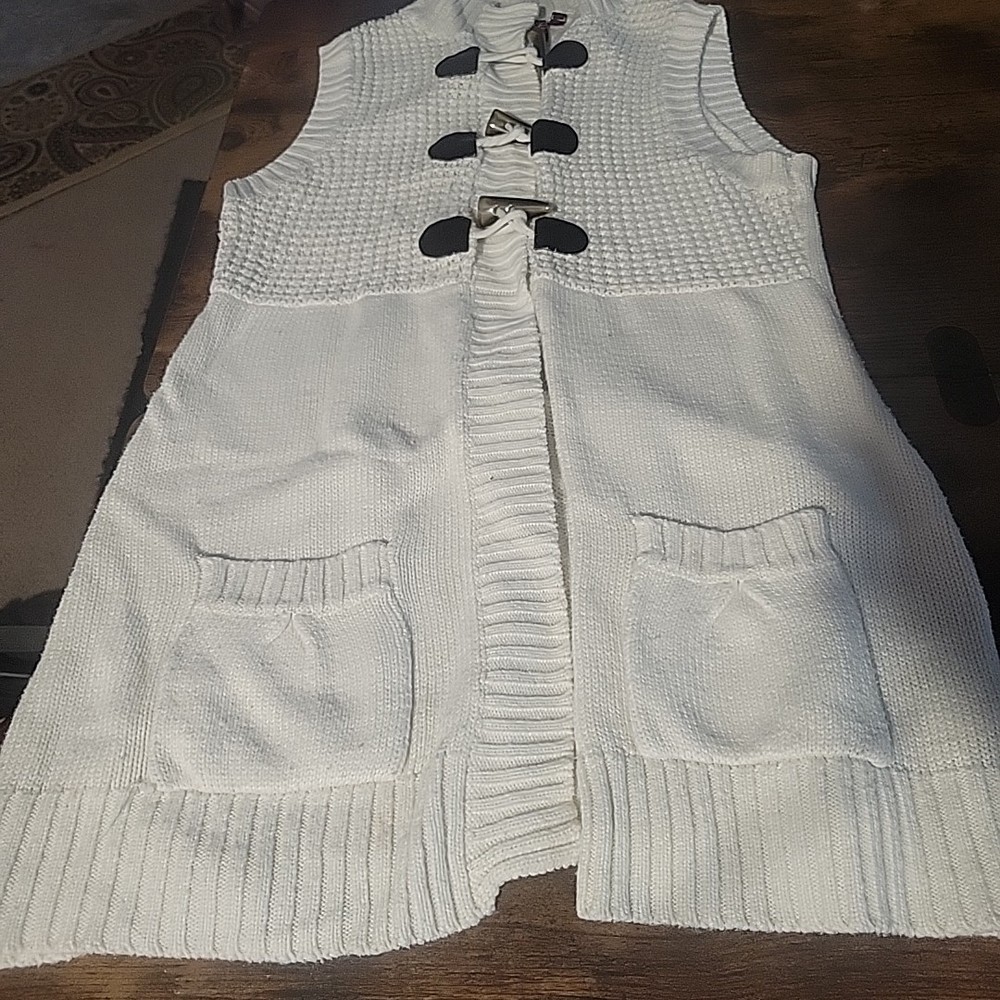 Vintage Take Out Women's Beige White Toggle Button Cardigan Sweater Vest XL