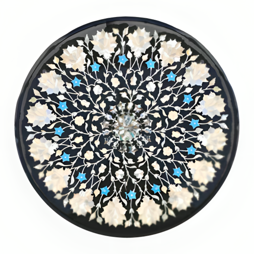 18-Inch Black Marble Inlay Dining Table with White MOP Gamestone Design for Home Decor