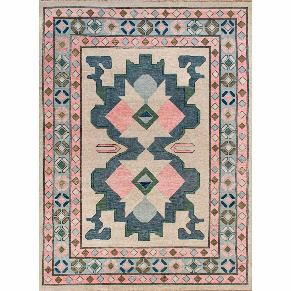 Hand Knotted Oushak Tribal Geometric Wool Rug for Bedroom and Living Room
