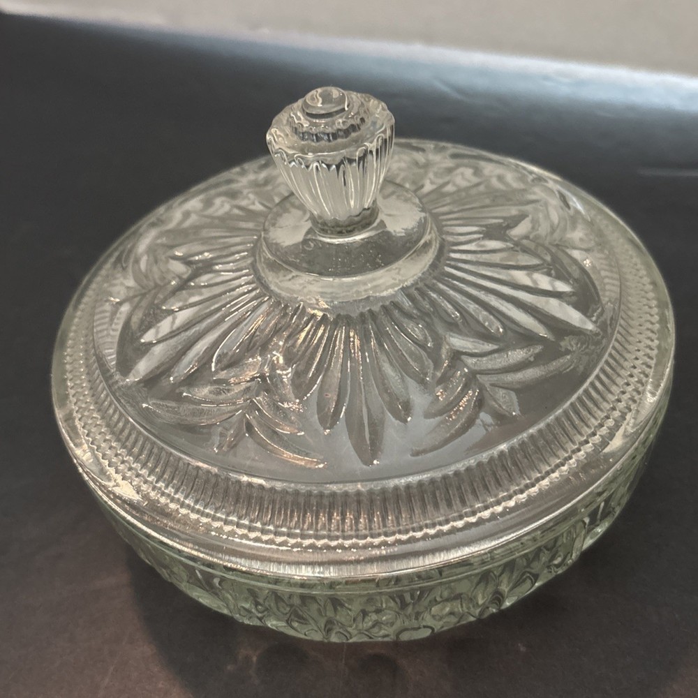 AVON Clear Pressed Glass Candy Dish or Vanity Trinket Box with Lid