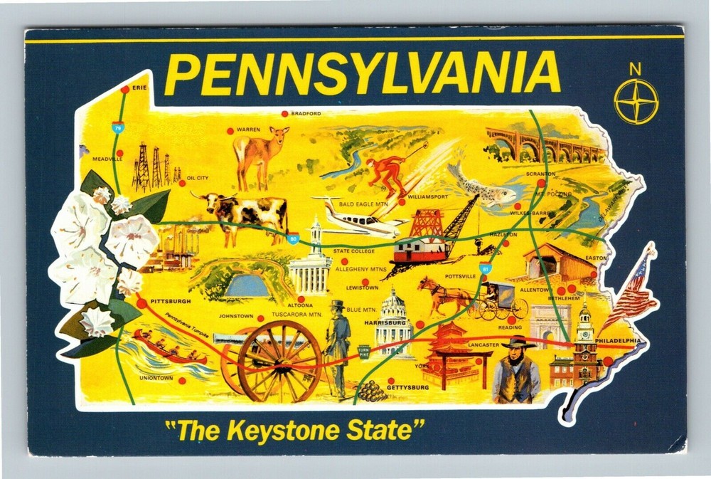 Map PA, Keystone State Original 13 Colonies, Pennsylvania Vintage Postcard