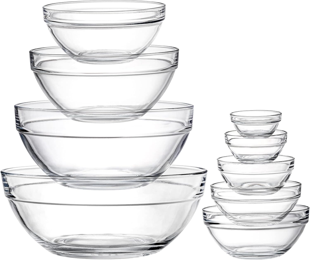 Set of 9 Clear Glass Mixing Bowls for Prep and Salad Nesting Bowls