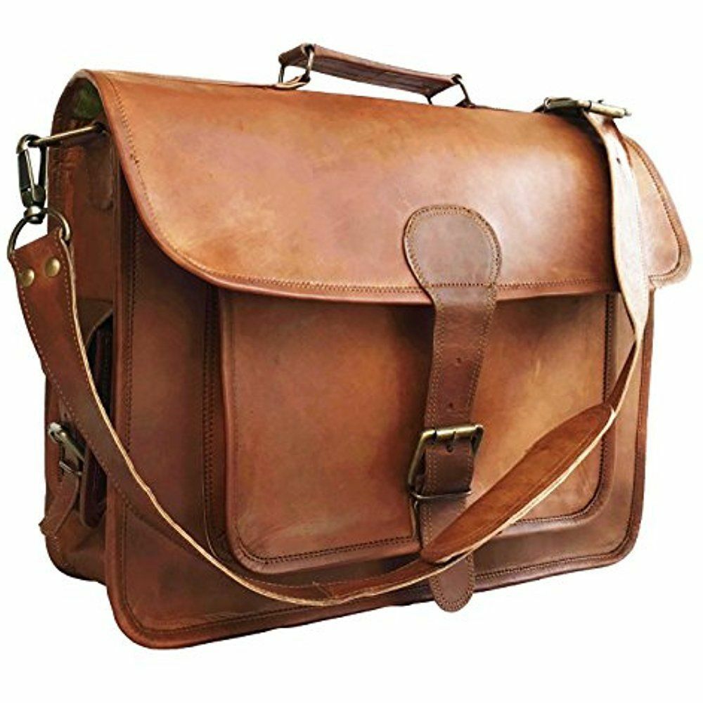 Vintage Goat Leather Messenger Satchel Genuine Brown Laptop Briefcase