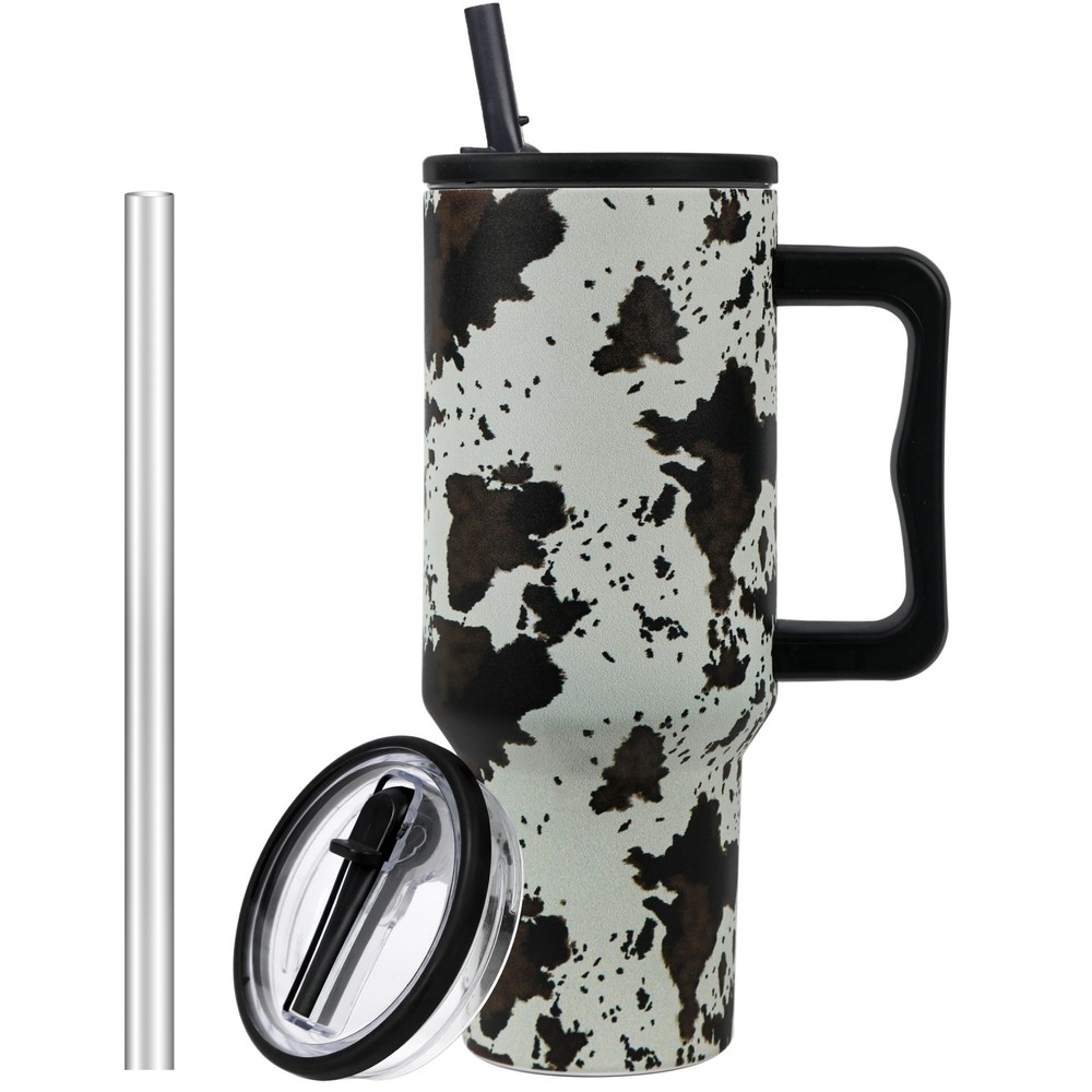 40oz Cow print Tumbler With handle, Stainless Steel Tumbler With Lid and Stra...