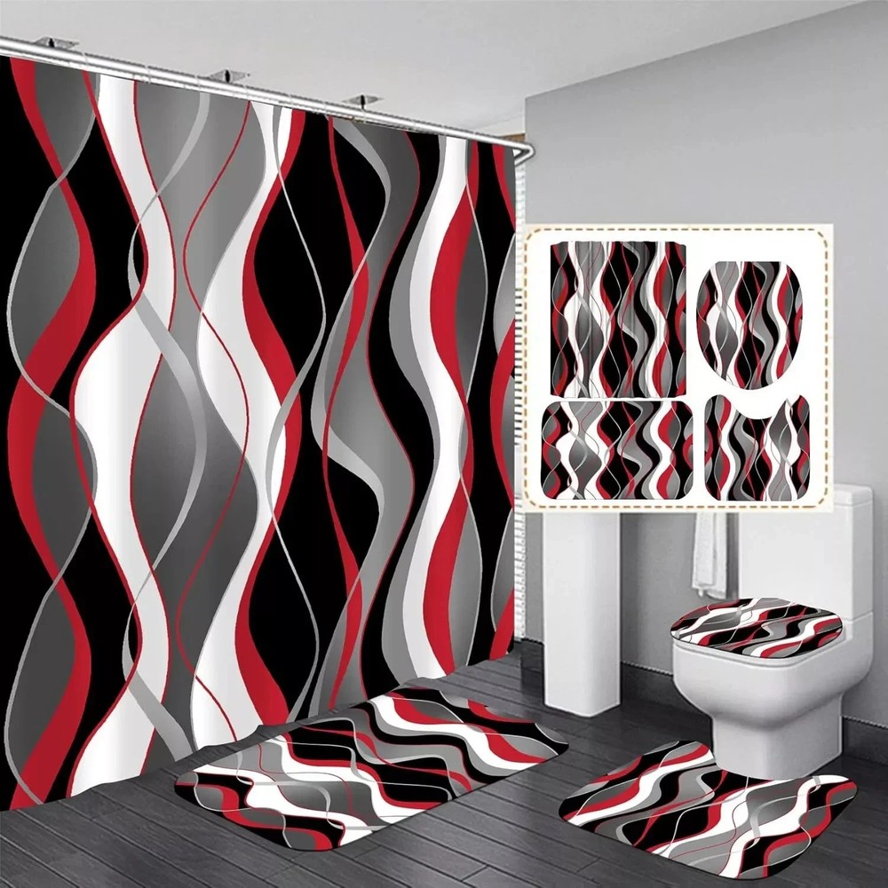 Nkzply 4 Pcs Red and Black Striped Shower Curtain Set Grey and White Bathroom Se