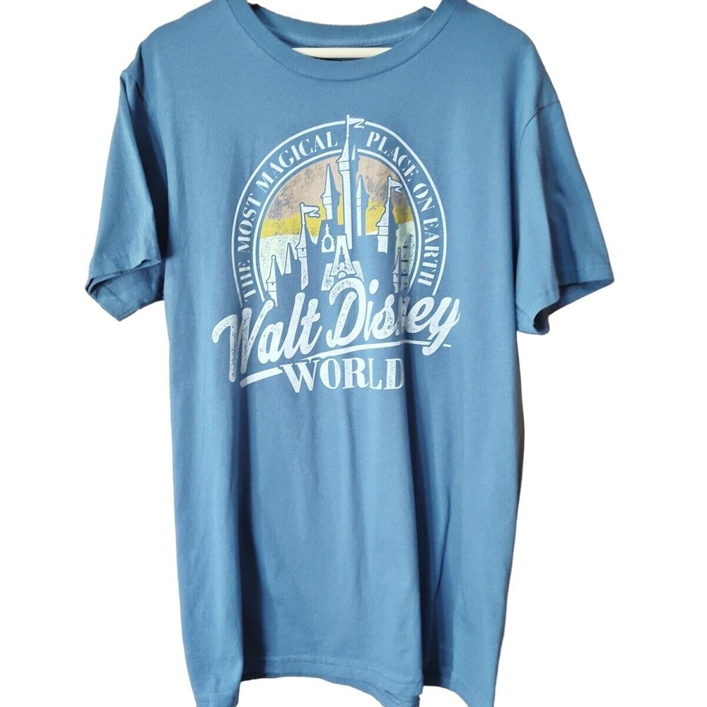 Vintage WDW Dusty Blue Tee with Castle & Sunset Design