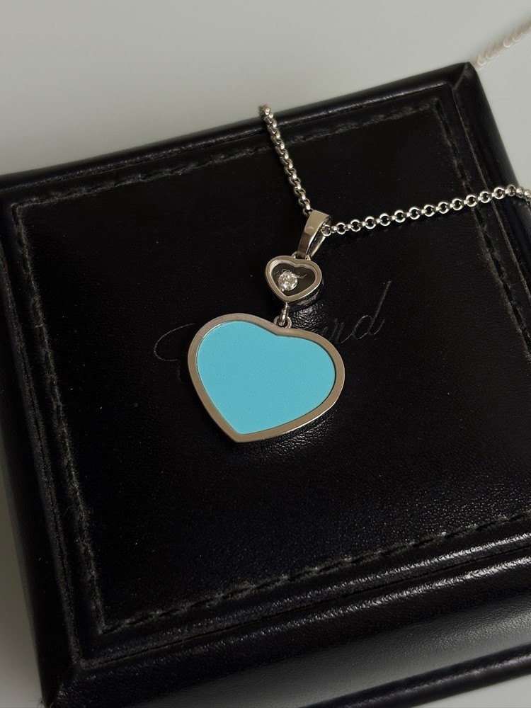 AUTHENTIC Happy Hearts Diamond BLUE COLOR & 18K WHITE GOLD necklace W/BOX