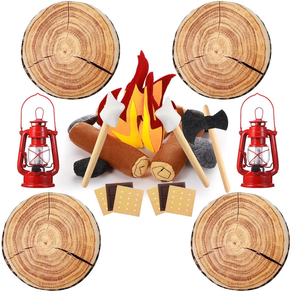26 Pcs Pretend Camping Play Set Fake Campfire Felt Toys Wood Patten Throw Pil...